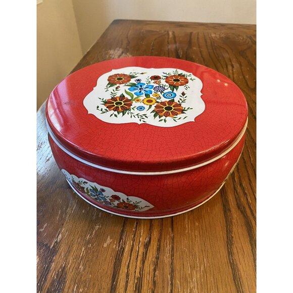 Vintage Round Red Floral Metal Tin Container With Lid Deer Park Wildflower Desig - Picture 1 of 8